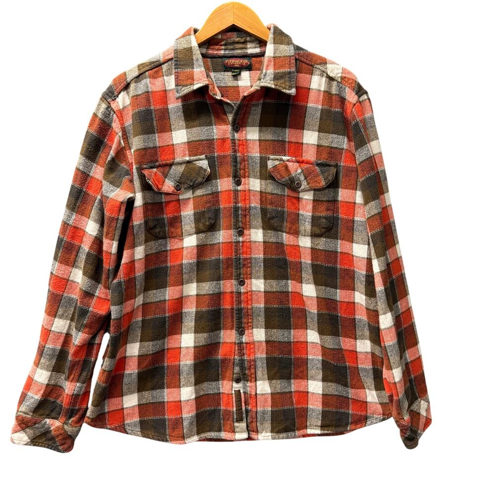Flyshacker Flannel Shirt Mens XL Plaid Button‎ Up Red Brown Cotton Lumberjack
